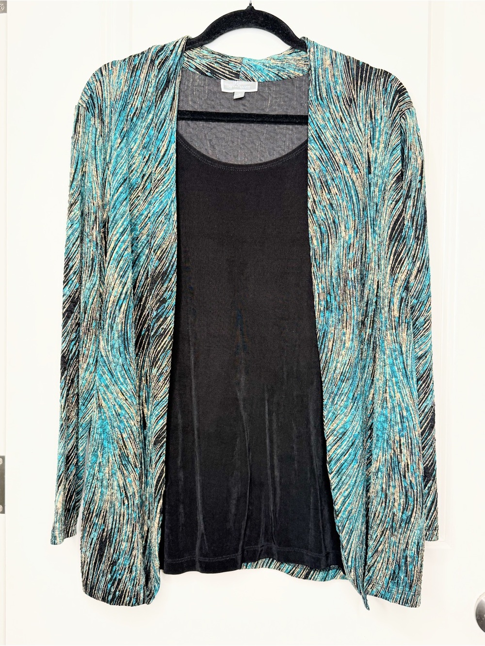 JM Collection Woman 1X Teal Black Abstract Open Front Cardigan Tank 2 Piece Top